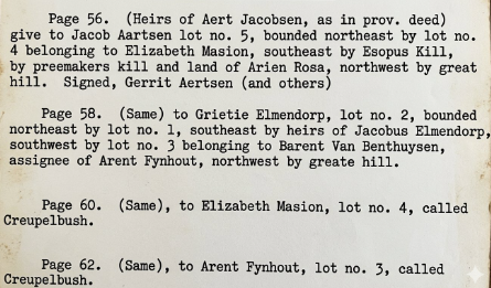Deed excerpts referencing heirs of Aert Jacobsen lot no. 5, bounded by Elizabeth Maston, Esopus Kill, Arlen Rose, and great hill — from Genealogy of the Van Wagenen Family from 1650 to 1884