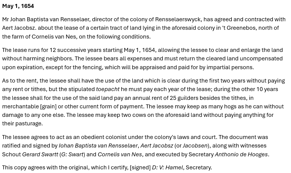 1654 patroonship lease contract between Jan Baptist van Rensselaer and Aert Jacobsz, from the Van Rensselaer Bowier Manuscripts