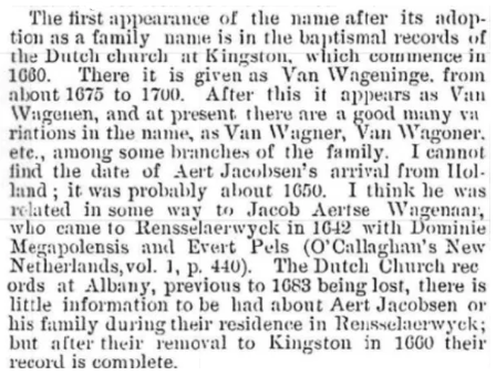 Excerpt from Genealogy of the Van Wagenen Family from 1650 to 1884, describing the first appearance of the Van Wagenen name in Kingston baptismal records and noting Aert Jacobsen's arrival from Holland around 1650