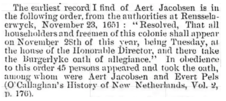 Excerpt from Genealogy of the Van Wagenen Family noting the earliest record of Aert Jacobsen at Rensselaerwyck, November 23, 1651, when he took the Burgerlyke oath of allegiance