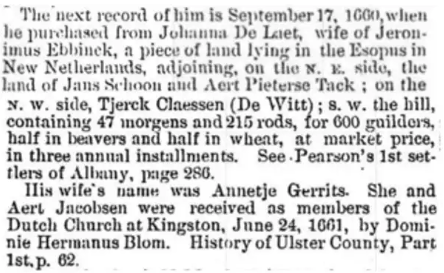 Excerpt from Genealogy of the Van Wagenen Family describing Aert Jacobsen's land in the Esopus region and his family's early settlement