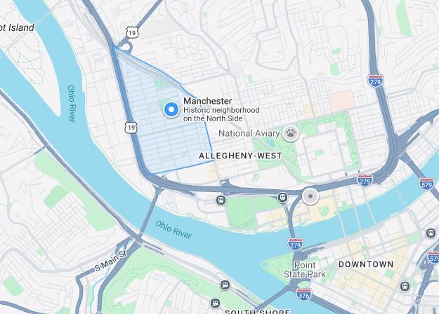Map of the Manchester neighborhood on Pittsburgh's North Side, where Gustavus Wolf lived at 56 Decatur Street