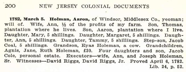 1782 will abstract for Aaron Holman Sr., New Jersey Colonial Documents