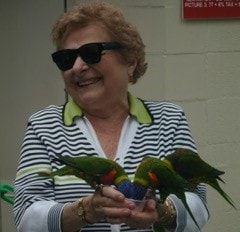 Ruth Soergel with parrots