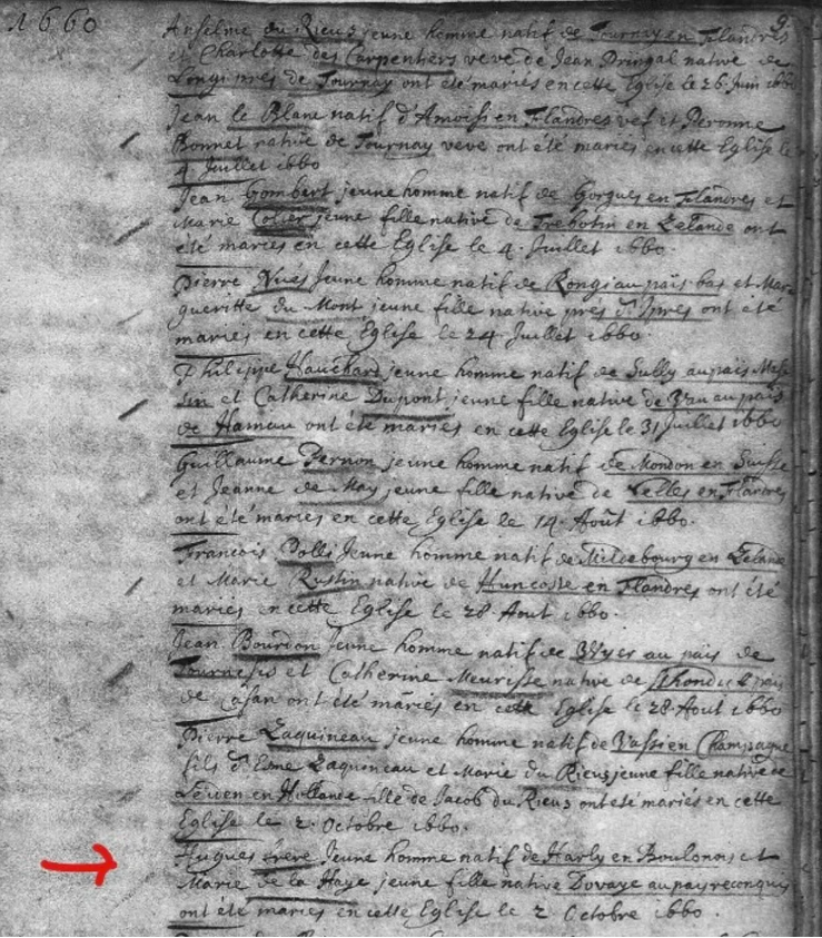 Mannheim church ledger page showing Hugo Freer and Marie de la Haye marriage entry, October 2, 1660 — the red arrow points to their entry near the bottom