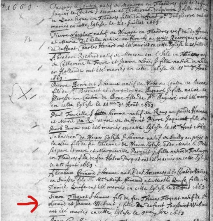 Mannheim church ledger page showing Simon Floquet and Jeanne Wibaut marriage entry, May 8, 1663 — the red arrow points to their entry near the bottom