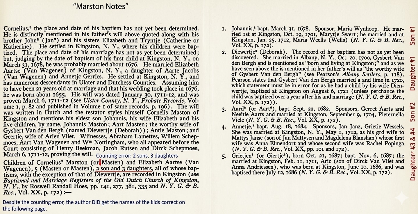 Marston Notes excerpt from the NY Genealogical and Biographical Record, showing Cornelius Masten's children including Johannes, baptized March 31, 1678