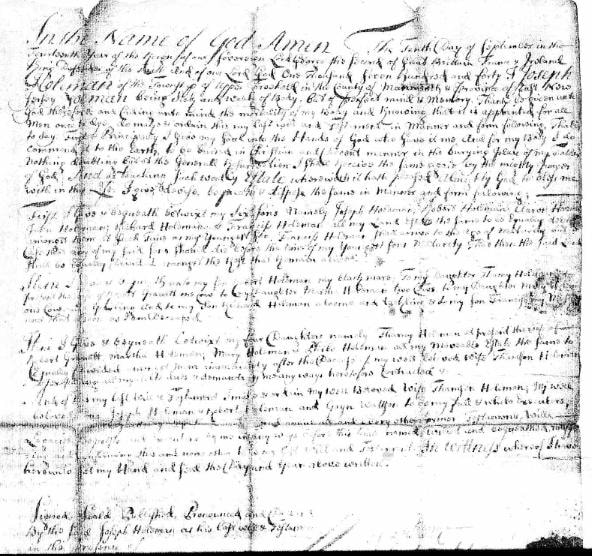 Joseph Holman 1741 will, page 1 — Record of Wills, Monmouth County, New Jersey