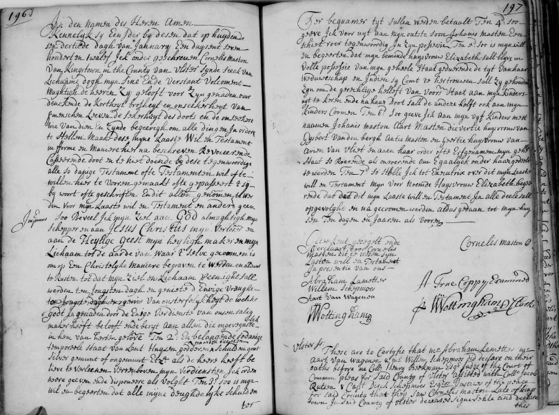 Will of Cornelis Masten of Kingston, Ulster County, New York — two-page spread showing Dutch handwritten text, signed by Cornelis Maston, with witnesses Abraham Lamotte, Jane Van Wagenen, William Schrymer, and notarized by the Ulster County clerk