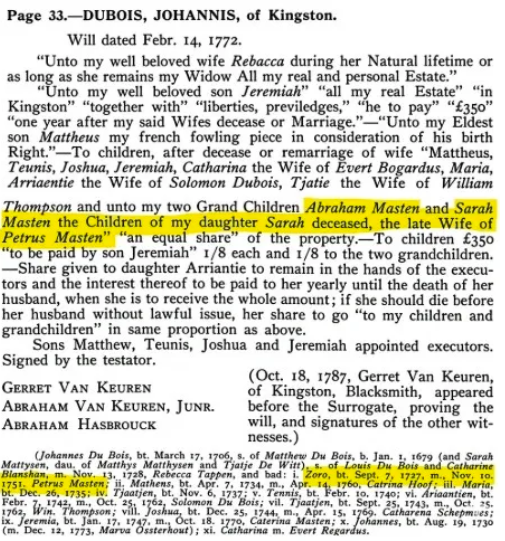 Will of Johannis Dubois of Kingston, dated February 14, 1772, naming Abraham Masten and Sarah Masten as grandchildren, children of the late wife of Petrus Masten