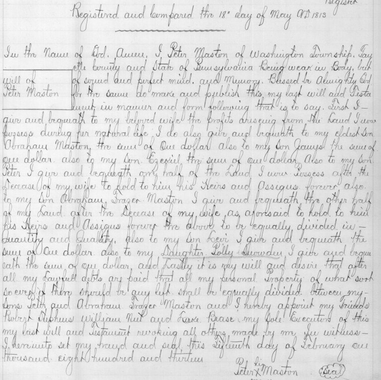 Page 102 from Ulster County probate records — transcribed will of Ezekiel Masten of Kingston, dated April 14, 1781, with Anjou's genealogical footnotes listing children of Johannes Masten