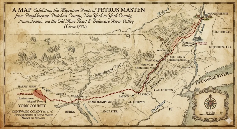 A hand-drawn style map titled 'A Map Exhibiting the Migration Route of Petrus Masten from Poughkeepsie, Dutchess County, New York to York County, Pennsylvania, via the Old Mine Road and Delaware River Valley (Circa 1770).' The dotted route travels from Poughkeepsie southwest through Kingston (Esopus), Port Jervis, the Water Gap, Easton, and Allentown before arriving at the Conewago Colony in York County, marked as the first appearance of Petrus Masten on tax lists circa 1771.
