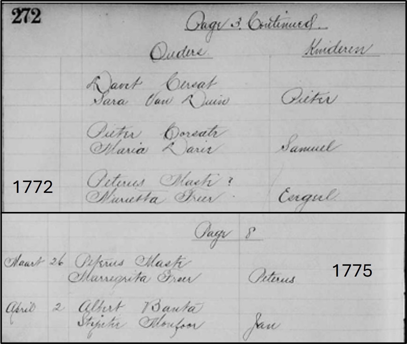 Baptism records from 1772 and 1775 showing Petrus Masten and Marrietta Freer as parents of Ezequiel (1772) and Peterus (1775), recorded in the Dutch Reformed Church
