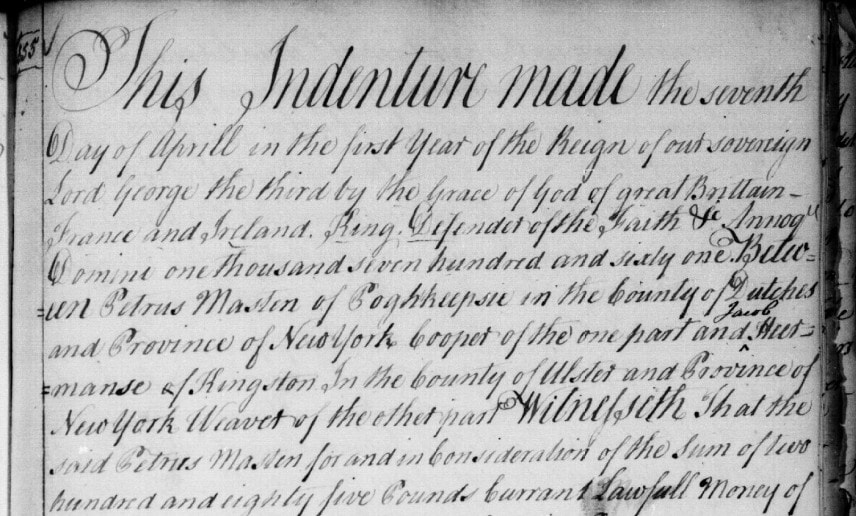 1761 document showing Petrus Masten selling the Twelys Mill property to Jacob Heermance, a weaver, while Petrus is residing in Poughkeepsie