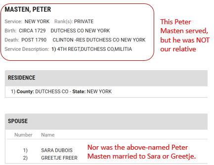Military service record for a Peter Masten of Dutchess County, New York — Private in the 4th Regiment, Dutchess County Militia — annotated to clarify this is not our relative, and that this Peter Masten was married to Sara Dubois and Greetje Freer, not our Petrus