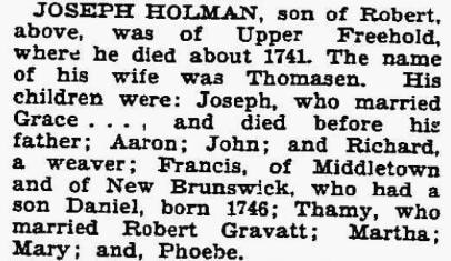 Hornor excerpt — Joseph Holman, son of Robert, of Upper Freehold
