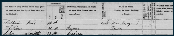 1850 Federal Census entry showing Catherine Jones living with William Jr. and farmhand John Smith