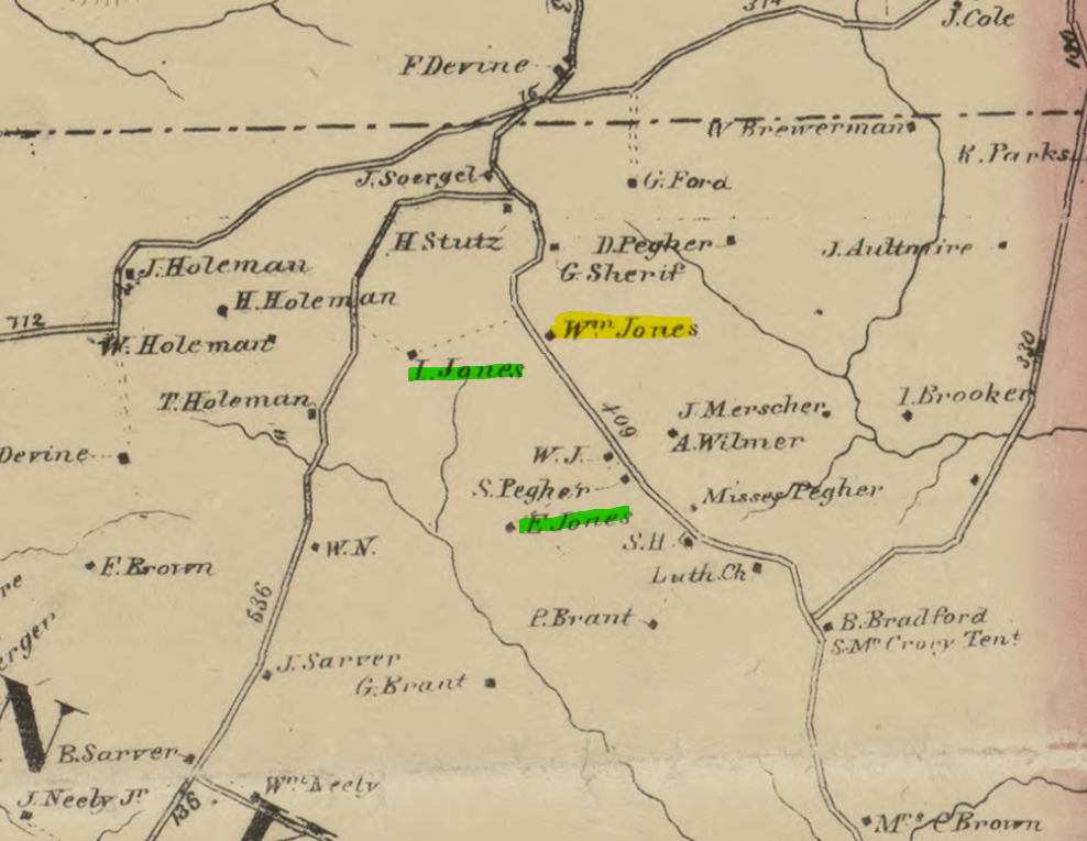 1862 map of Allegheny County showing William Jones Jr., Israel Jones, and E. Jones properties in close proximity on William Sr.'s original land in Franklin Township