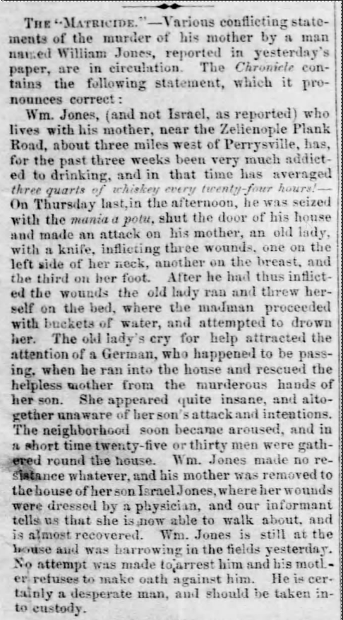 Pittsburgh Post-Gazette clipping from May 17, 1854 reporting on the Matricide incident involving William Jones Jr.