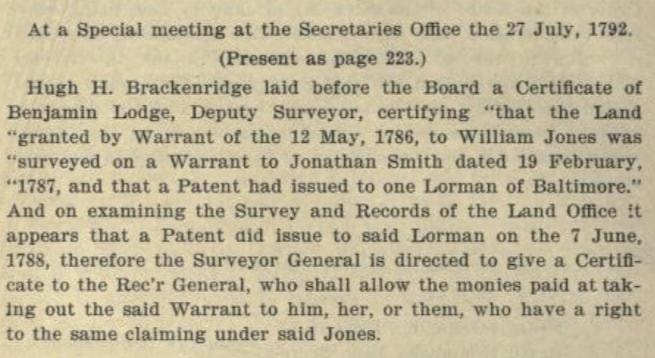 Pennsylvania archives record showing Hugh Brackenridge recovering money paid by William Jones for Depreciation Land warrant