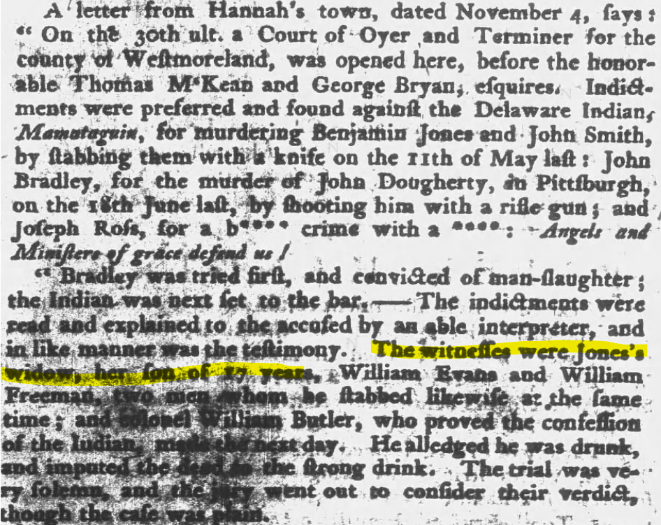 The Pennsylvania Journal, November 26, 1785, Page 3 — trial witnesses