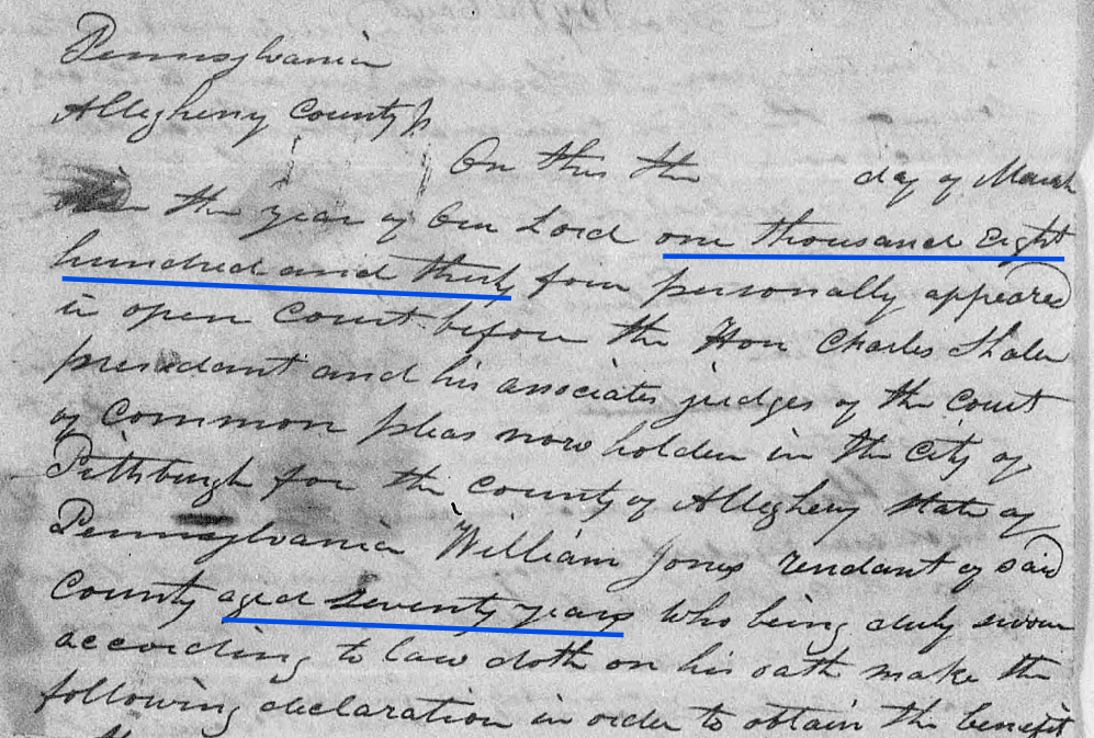 William Jones Revolutionary War Pension application no. W.2124, declaring age 70