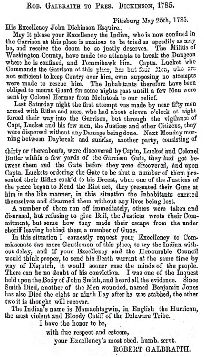 Robert Galbraith to President Dickinson, May 28, 1785