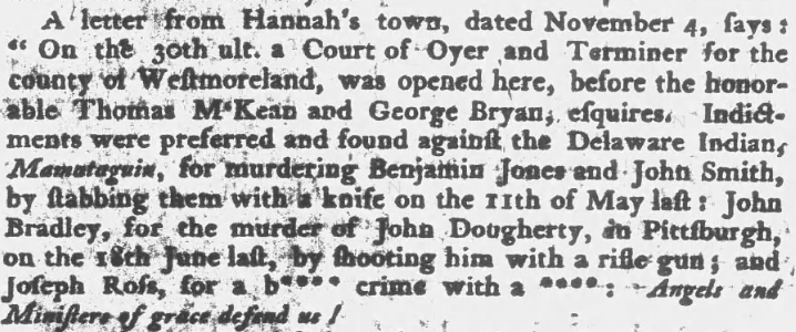 Pennsylvania Journal — Court of Oyer and Terminer, indictment of Mamautaquin, 1785