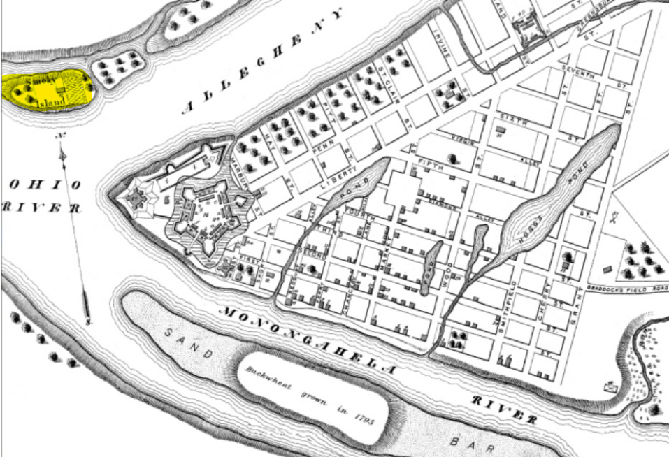 Pittsburgh, c. 1795 — Smoky Island (highlighted) sits across the Allegheny from Benjamin's cabin site