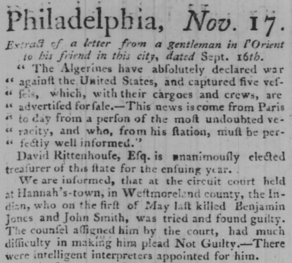 Poulson's American Daily Advertiser — Philadelphia, Nov. 17, trial verdict reported