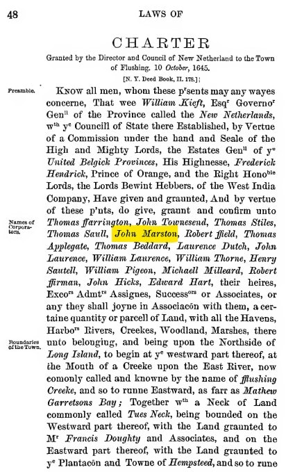 Flushing Land Patent page 1 — Charter granted by the Director and Council of New Netherland to the Town of Flushing, October 10, 1645, listing John Marston among the named patentees