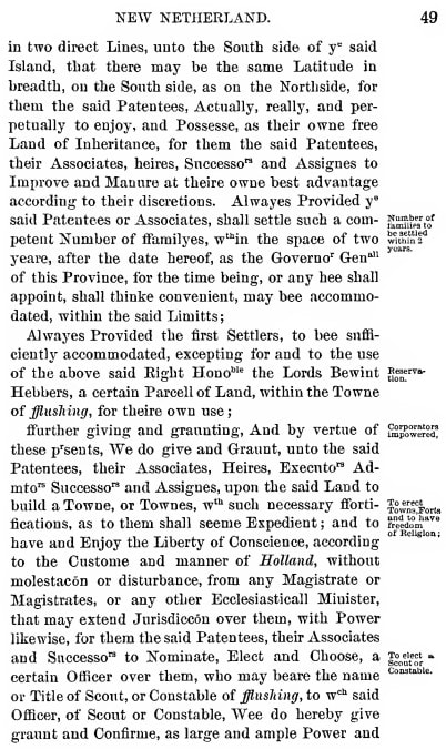 Flushing Land Patent page 2 — Laws of New Netherland granting patentees liberty of conscience and freedom of religion