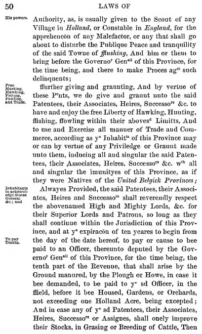 Flushing Land Patent page 3 — Laws of New Netherland granting free trade, hunting, fishing, and rights as natives of the United Belgick Provinces