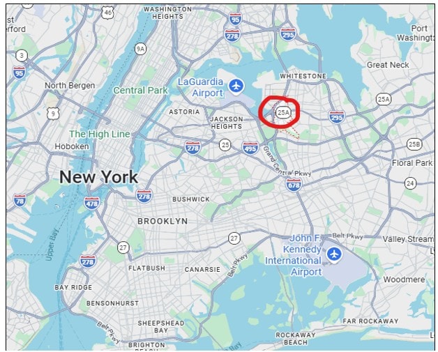 NYC area map with Flushing circled, showing the general location of John Marston's homestead in relation to modern New York City