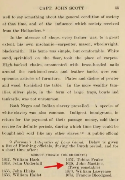 Page 55 of Furman's Antiquities of Long Island listing Flushing officials during the Dutch period, with an arrow pointing to John Mastine listed as Town Constable in 1658