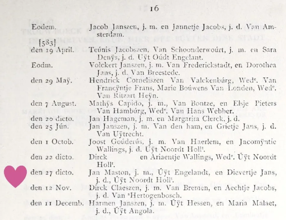 Page 16 of the Reformed Dutch Church marriage register showing the October 27, 1650 entry for Jan Maston from England and Dievertje Jans from North Holland, marked with a heart