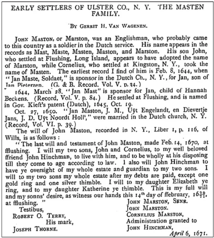 Excerpt from Early Settlers of Ulster Co. N.Y. — The Masten Family, by Gerrit H. Van Wagenen, showing John Maston's will dated February 14, 1670/71, leaving the estate to sons John and Cornelius, and a gold ring and silver thimble to daughters Elizabeth and Katherine