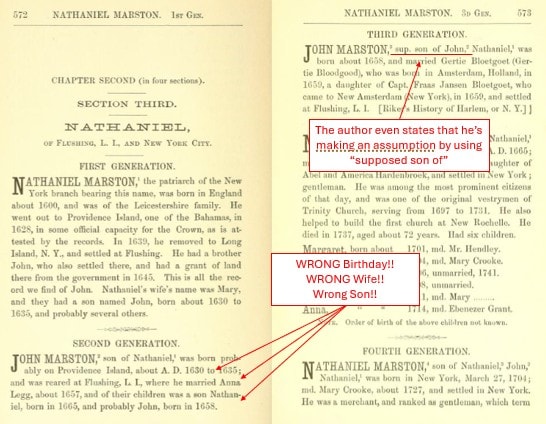 Pages from The Marston Genealogy showing errors about John Marston of Flushing, annotated to highlight incorrect wife, birthday, and son