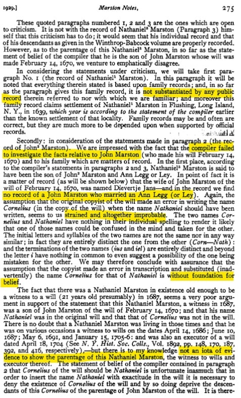 Annotated page 275 of Marston Notes (1929) by John Reynolds Totten, highlighting errors in the Marston Genealogy regarding John Marston of Flushing